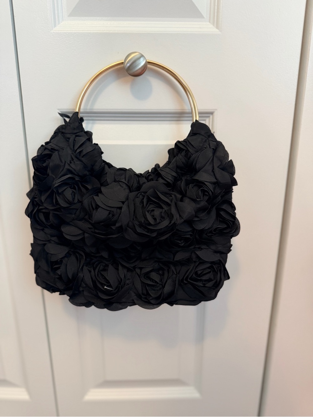 Black Floral Rosette Handbag with Gold Ring Handle